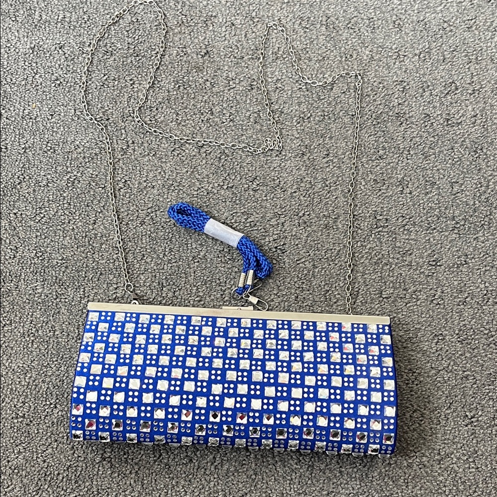 Elegant Blue and White Clutch with Chain Strap